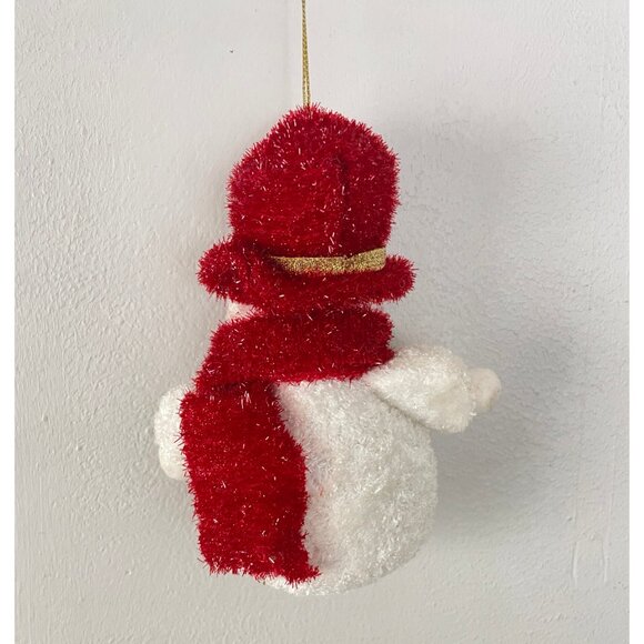 Christmas Ornament Snowman Puffy Red Chenille Scarf Gold Bead Snowflake Cute - Picture 2 of 2